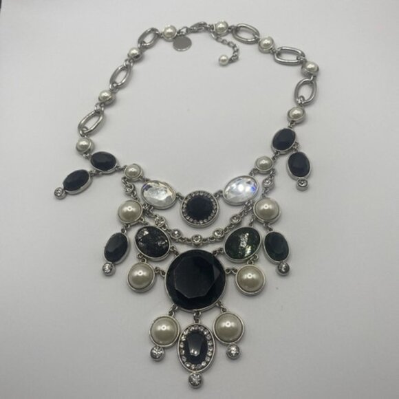 White House Black Market Jewelry - Signed White House Black Market Necklace Lace Pearl Crystal Bib Statement 16"+2"